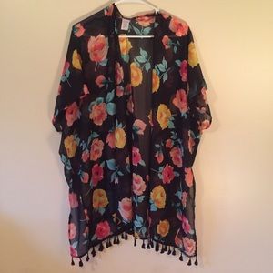 Black, pink, and yellow, fringe kimono